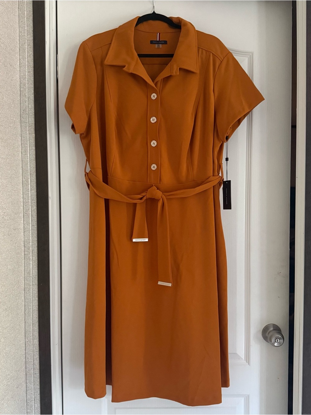 NWT Tommy Hilfiger Rust Orange Belted Shirt Midi Dress